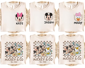 Retro Custom Name Mickey and Friends Tee , Family Matching Shirts,Checkered Mickey Shirt, Disney Family Vacation Shirt, Disney Trip Shirt