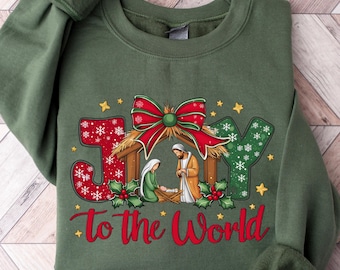 Joy To The World Shirt, Christian Christmas Sweatshirt, Cute Jesus Shirt, Retro Christmas Nativity Scene Tshirt, Christmas Gifts for Family