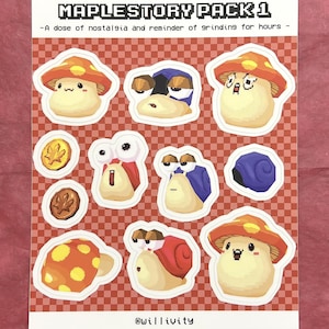 May include: A sticker sheet featuring various cartoon characters from MapleStory Pack 1. The stickers include mushroom-shaped characters, snails, and other game-related designs. The sheet has a red and white checkered background with the text "MAPLESTORY PACK 1".