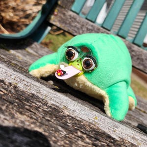 May include: A plush green turtle with large, expressive eyes and a long, pink tongue. A small, colorful ladybug rests on the tongue. The turtle is made of soft fabric and has a whimsical, handmade appearance.