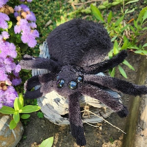 May include: A plush black spider toy with eight legs and large, shiny black eyes. The spider is made of soft, fuzzy material and is resting on a piece of weathered wood, surrounded by purple flowers and green foliage.
