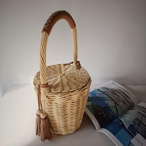 Handwoven Wicker Basket Bag with lid: Jane Birkin Style with Leather Tassels