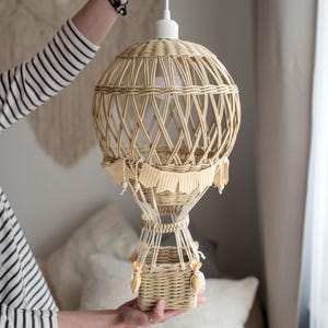 Handwoven Hot Air Balloon Lamp – Boho Nursery Light Fixture,  Wicker decor for the children&#39;s room, Air Balloon Decoration, Baby shower gift