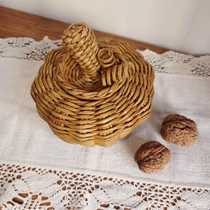 May include: A woven pumpkin-shaped basket with a golden-brown finish, featuring a coiled stem and two curled tendrils on top. Two whole walnuts are positioned next to the basket, which is constructed from tightly coiled, smooth material.