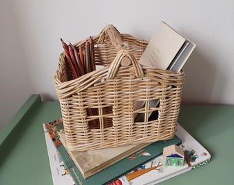 Handgeweven huismand met houten handvat: kinderkamerdecoratie, speelgoedopberger