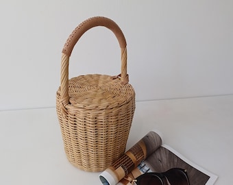 Wicker Basket with Lid: Handwoven Birkin Style Picnic Bag