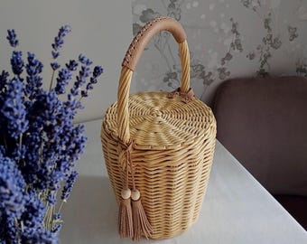 Handwoven Jane Birkin Style Basket: Wicker Bag with Leather Tassels