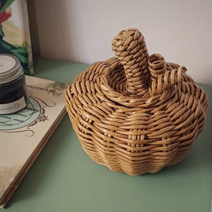 May include: A light brown woven pumpkin-shaped basket with a lid. The basket features a textured, braided wicker construction with a central stem and two small curled tendrils on top. The round, ribbed body mimics the natural shape of a pumpkin.