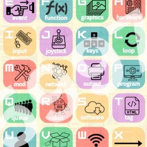Peut inclure: Une affiche colorée présentant l'"Alphabet de l'informatique". Chaque lettre est associée à un terme informatique et une icône. Les termes incluent "algorithme", "binaire", "code", "débogage", "fonction", "matériel" et "logiciel". L'affiche a un fond jaune clair.