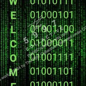 Op de afbeelding: Een digitale kunstprint met een zwarte achtergrond en groene binaire code. Het woord "WELCOME" is geschreven in grote groene letters, met binaire code nummers naast elke letter. De afbeelding heeft een matrix thema.