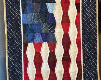 Quilted American Flag Wall Hanging | Geometric Red White Blue Fabric Decor (29x19")