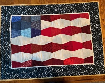 Quilted American Flag Table Topper | Patriotic Farmhouse Decor, Red White Blue Centerpiece