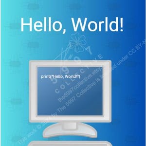 May include: A computer-themed graphic with the text "Hello, World!" in white. The image features a white computer monitor and keyboard against a gradient blue background. The monitor displays the code "print("Hello, World!")".