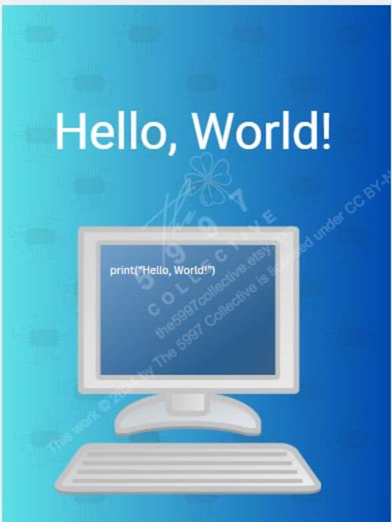 May include: A computer-themed graphic with the text "Hello, World!" in white. The image features a white computer monitor and keyboard against a gradient blue background. The monitor displays the code "print("Hello, World!")".