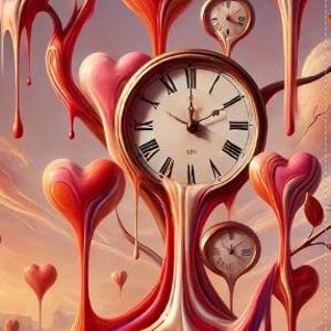 Könnte beinhalten: Eine surreale Illustration einer Uhr mit römischen Ziffern, die mit roten, rosa und violetten Herzen tropft. Die Uhr ist von kleineren Uhren und Herzen umgeben, was ein fantasievolles und abstraktes Design ergibt.