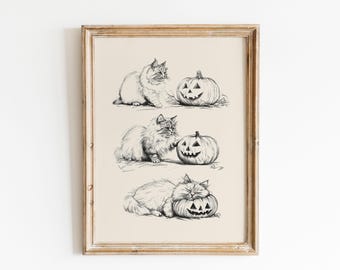 Halloween Cat And Pumpkin Art Print: Vintage Pencil Drawing (Digital Download)