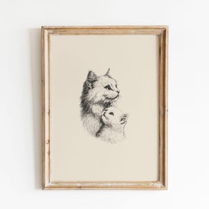 Katze Kunstdruck, Mutterkatze mit Kätzchen Poster, Katzen Liebhaber Geschenk, Vintage Katze Bleistiftskizze, Tier Wandkunst, Digital Download