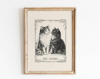 The Lovers Tarot Card Cat Print: Antique Astrology Art (Digital Download)