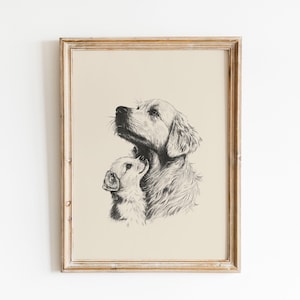 Hund Kunstdruck, Golden Retriever mit Welpe Poster, Hunde Liebhaber Geschenke, Vintage Hund Bleistiftskizze, Tier Wandkunst, digitaler Download