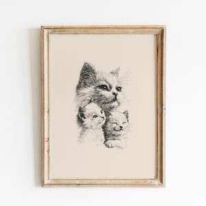 Lámina artística de gato, póster vintage de gata con gatitos, regalo para amantes de los gatos, dibujo a lápiz de gato retro, arte mural de animales, descarga digital