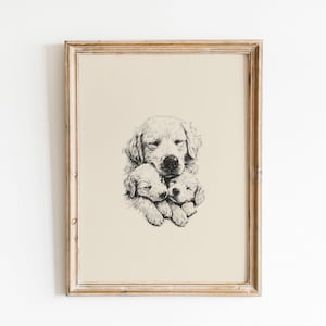 Hunde Mama Art Print, Golden Retriever mit Welpen Poster, Hunde Liebhaber Geschenke, Vintage Hund Bleistiftskizze, Tier Wandkunst, digitaler Download