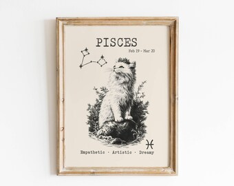 Pisces Zodiac Cat Print: Vintage Pencil Sketch Astrology Art (Digital Download)