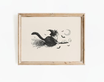 Vintage Witchy Black Cat Art Print: Halloween Pencil Drawing (Digital Download)