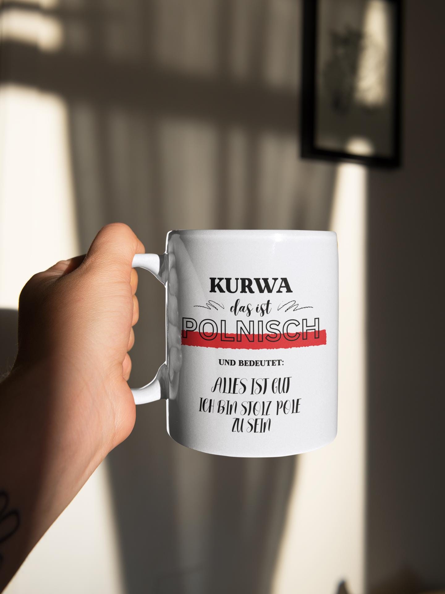 Lustige Tasse 'Was Los Kurwa' – Polnischer Spruch, Schwarz, Beidseitig Bedruckt, Spülmaschinenfest, Geschenk