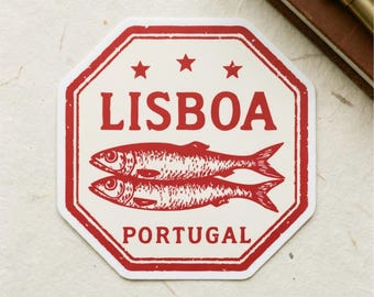 Adesivo vintage Lisbona Portogallo, timbro passaporto Sardina Arte di viaggio