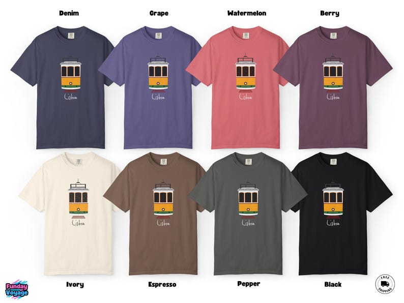 K&ouml;nnte beinhalten: Eine Kollektion von acht kurz&auml;rmeligen T-Shirts in verschiedenen Farben, jeweils mit einer gelb-wei&szlig;en Stra&szlig;enbahn-Illustration und dem Wort "Lisbon" darunter. Farben: Denim, Traube, Wassermelone, Beere, Elfenbein, Espresso, Pfeffer und Schwarz.