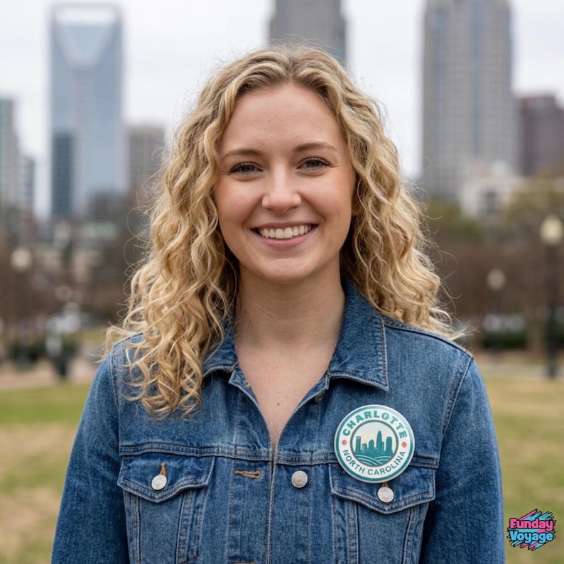 Pu&ograve; includere: Una donna indossa una giacca di jeans blu con una toppa circolare che recita "Charlotte North Carolina" con una grafica dello skyline. La donna ha i capelli biondi ricci e sorride. Lo sfondo presenta uno skyline cittadino e spazi verdi.