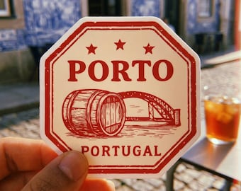 Pegatina vintage de Oporto, Portugal, barril de vino y puente de viaje