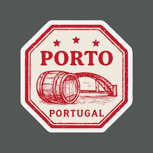 May include: A red and cream-colored sticker featuring a vintage illustration of Porto, Portugal. The design includes a wine barrel, a bridge, and the text "PORTO" and "PORTUGAL" in a classic font. The sticker has a distressed, aged look.