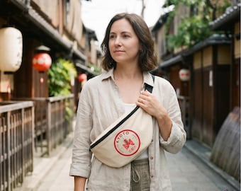 Marsupio vintage Kyoto a tracolla, marsupio retrò giapponese per vacanze e viaggi internazionali.