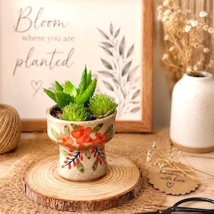3.15" Handmade Ceramic Flower Pot - Small Planter for Succulents, Cacti, and Air Plants -Rustic Floral Design, Decorative Indoor/Outdoor Use