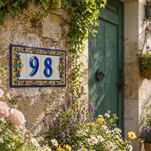 May include: A rectangular ceramic house number plaque with the number "98" in blue, set against a white background. The plaque is framed with a yellow and blue floral design. The plaque is mounted on a textured stone wall, with a green door and flowers in the background.