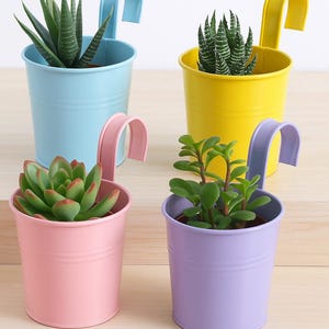 4 Pastel Iron Hanging Planters Flowerpot: Detachable Hook Indoor Outdoor Pots