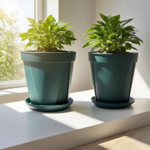 May include: Two green potted plants with vibrant green foliage sit on a white windowsill. The pots are a muted teal color and have matching saucers. The plants are positioned in front of a window, creating a fresh, natural aesthetic.