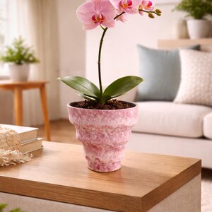 May include: A potted orchid with pink flowers and green leaves sits on a wooden table. The pink pot has a textured design. The background includes a white sofa, a window, and other plants.