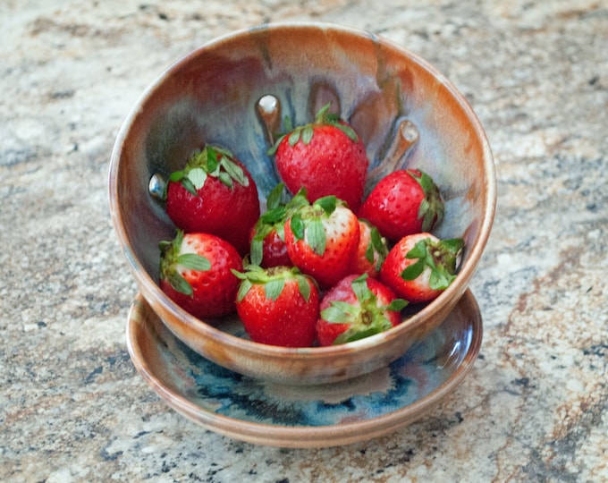 Ceramic Berry Bowl Colander With Plate Red Gold Etsy