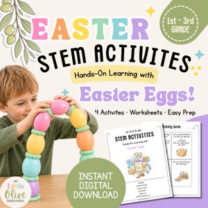 Peut inclure: Image promotionnelle d'activités STEM sur le thème de Pâques pour les enfants de 6 à 9 ans. L'image montre un enfant jouant avec des blocs de construction colorés en forme d'œufs. Le texte comprend "Activités de Pâques".