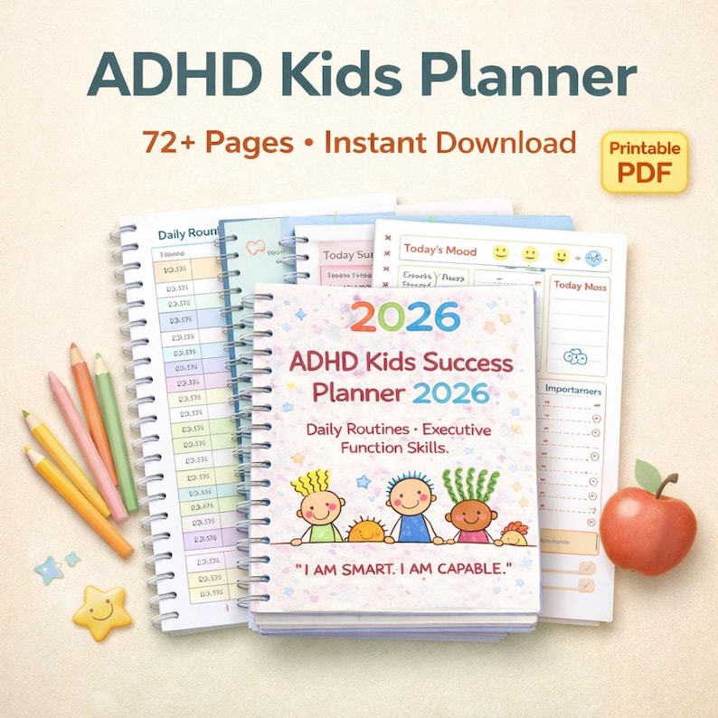 Planificador para niños con TDAH 2026 / Paquete de rutinas diarias y tabla de tareas (PDF imprimible) Edades 5-10 imagen 1