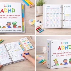 Puede incluir: Planificador blanco 2026 ADHD Kids Routine and Success con pesta&ntilde;as coloridas. La portada presenta "ADHD" en colores arco&iacute;ris y la frase "I AM SMART, I AM CAPABLE". Las p&aacute;ginas interiores incluyen listas diarias y de tareas.