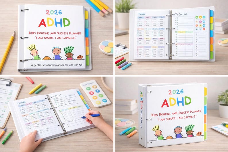 Puede incluir: Planificador blanco 2026 ADHD Kids Routine and Success con pesta&ntilde;as coloridas. La portada presenta "ADHD" en colores arco&iacute;ris y la frase "I AM SMART, I AM CAPABLE". Las p&aacute;ginas interiores incluyen listas diarias y de tareas.