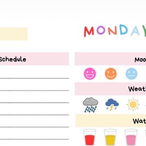 Puede incluir: Una p&aacute;gina de planificador blanca con secciones para un horario diario, estado de &aacute;nimo, clima y consumo de agua. La palabra "MONDAY" est&aacute; escrita en letras coloridas. Un conejito de dibujos animados con auriculares est&aacute; en la esquina superior derecha. El planificador incluye espacio para escribir la fecha.