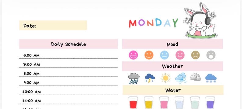 Puede incluir: Una p&aacute;gina de planificador blanca con secciones para un horario diario, estado de &aacute;nimo, clima y consumo de agua. La palabra "MONDAY" est&aacute; escrita en letras coloridas. Un conejito de dibujos animados con auriculares est&aacute; en la esquina superior derecha. El planificador incluye espacio para escribir la fecha.