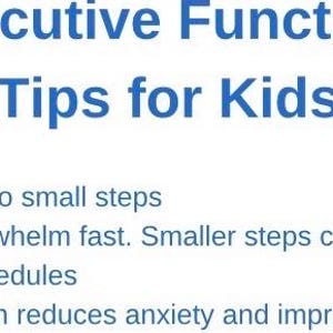 Puede incluir: Gr&aacute;fico con el texto "20 consejos de funcionamiento ejecutivo para ni&ntilde;os". La imagen incluye un dibujo de bloques de construcci&oacute;n de juguete coloridos. El texto enumera consejos como dividir las tareas en peque&ntilde;os pasos y usar horarios visuales.