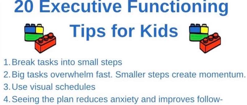Puede incluir: Gr&aacute;fico con el texto "20 consejos de funcionamiento ejecutivo para ni&ntilde;os". La imagen incluye un dibujo de bloques de construcci&oacute;n de juguete coloridos. El texto enumera consejos como dividir las tareas en peque&ntilde;os pasos y usar horarios visuales.