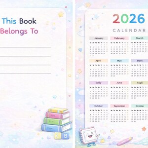 Puede incluir: Un calendario y un cuaderno de 2026 coloridos con el texto "This Book Belongs To". El cuaderno tiene p&aacute;ginas rayadas. El calendario presenta los meses de enero a diciembre. El dise&ntilde;o incluye libros, crayones y un conejito de dibujos animados.