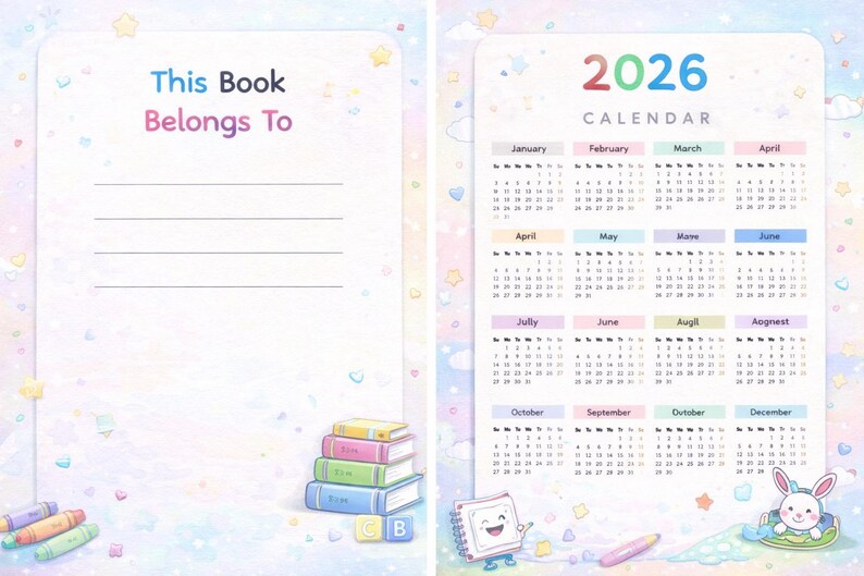 Puede incluir: Un calendario y un cuaderno de 2026 coloridos con el texto "This Book Belongs To". El cuaderno tiene p&aacute;ginas rayadas. El calendario presenta los meses de enero a diciembre. El dise&ntilde;o incluye libros, crayones y un conejito de dibujos animados.
